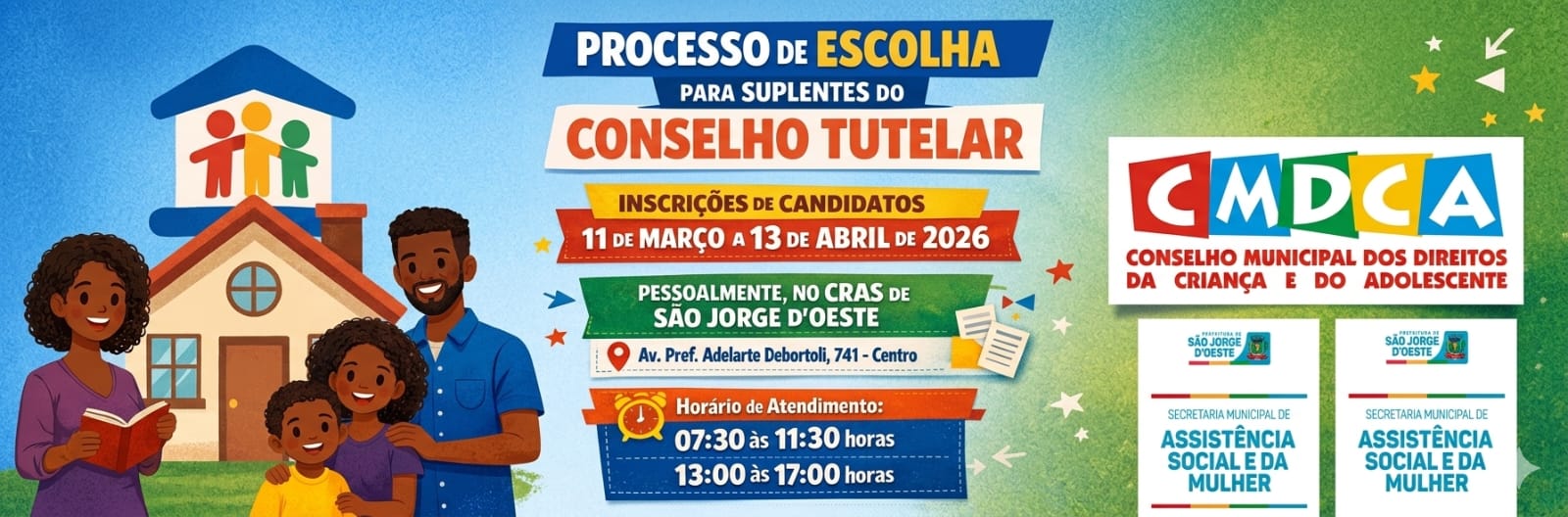 O município de São Jorge d’Oeste está com inscrições abertas para Suplentes do Conselho Tutelar!