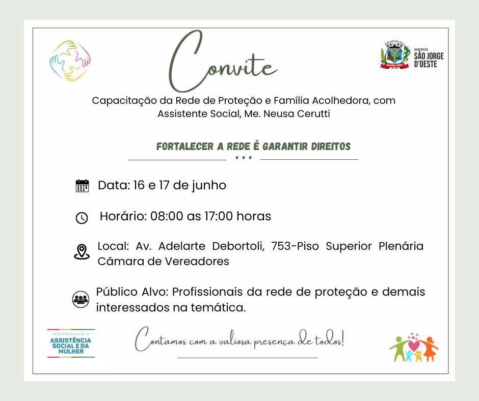 Convite para a Capacitação da Rede de Proteção e Família Acolhedora