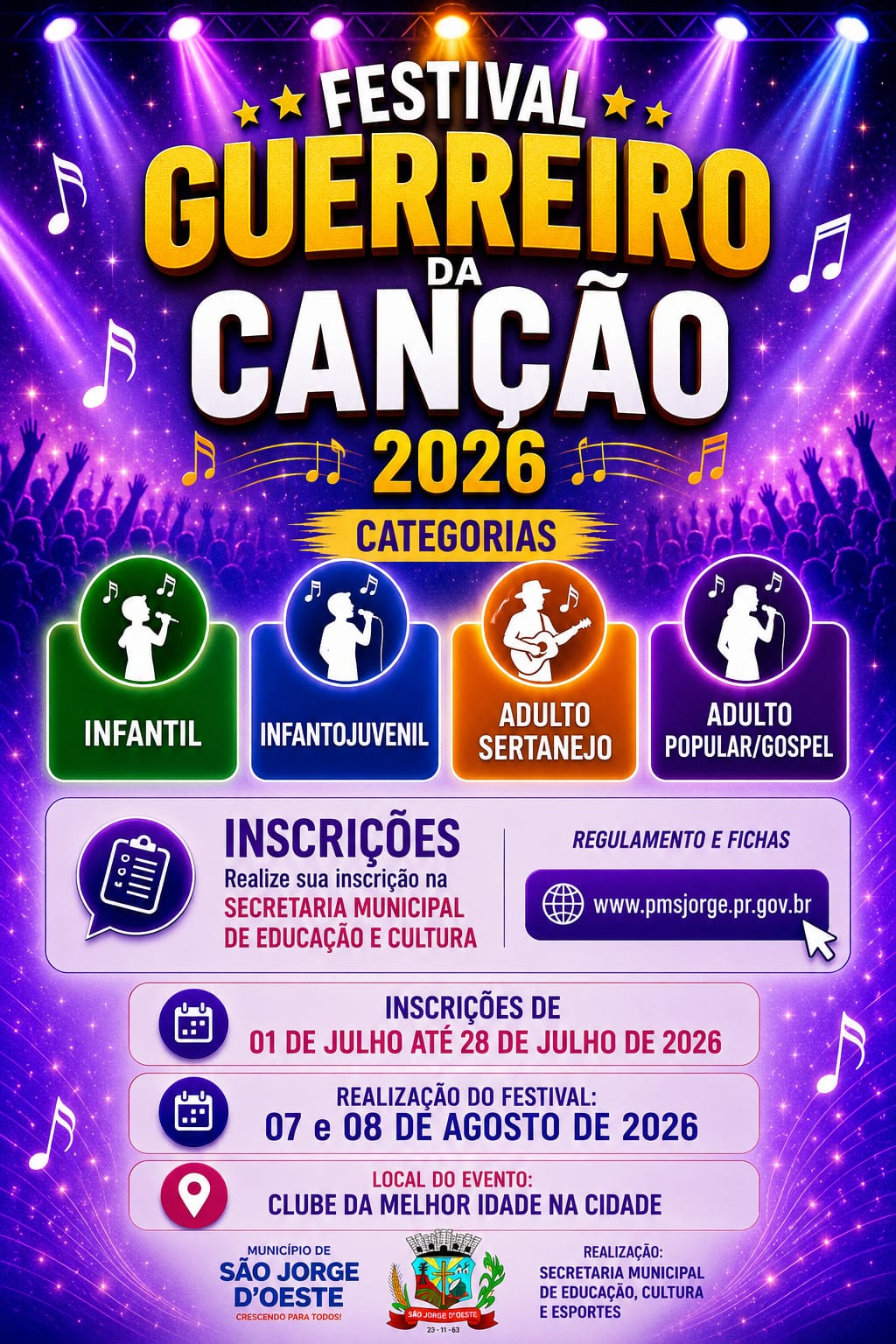Festival Guerreiro da Canção 2026 está com inscrições abertas em São Jorge D’Oeste